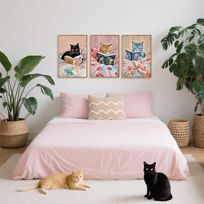 HPNIUB Framed Vintage Black Cats Canvas Wall Art, Funny Animal Reading Books Poster Printing Pictures, Pink Cute Cat Lovers Wall Decor for Girls Room Bedroom Kids Room Living Room Classroom- 24 x36 x3