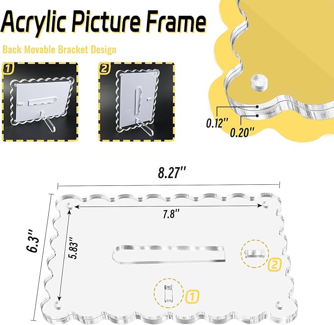 Acrylic Picture Frames 3 Pack 5x7 Scalloped with Detachable Brackets, Vertical and Horizontal Tabletop Display, Clear Magnetic Photo Frames for Home/Party/Wedding