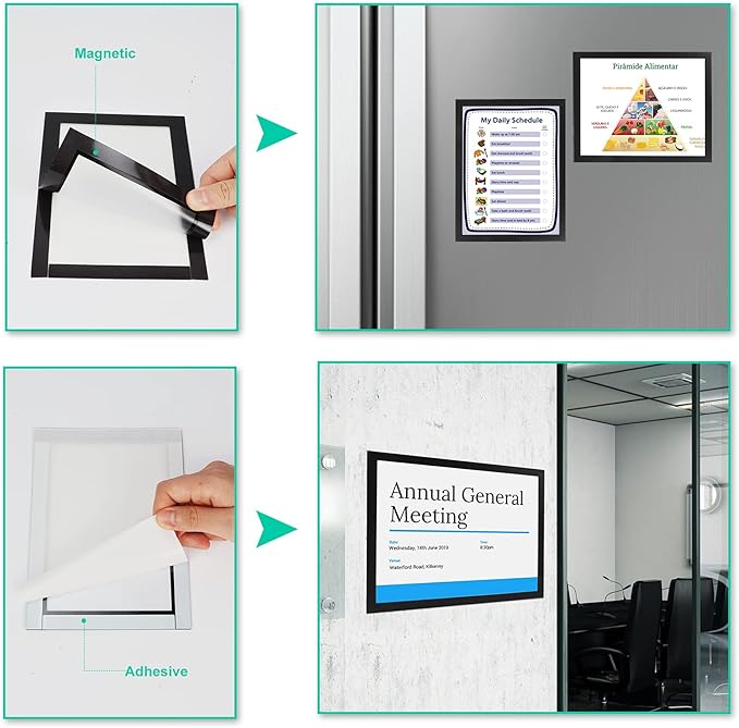 CRUGLA 8.5x11 Magnetic Frame Sheet with Self Adhesive Backing, Poster Certificate Carft Picture Photo Frame for Refrigerator Office Glass Window Door Cubicle Tile, 12 Pack