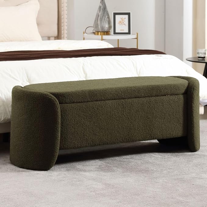 ROCTY Green Boucle Storage Bench - 50" Sherpa End of Bed Ottoman with Seating and Storage for Bedroom, Entryway, Living Room, Vanity or Makeup Room - Teddy Fabric