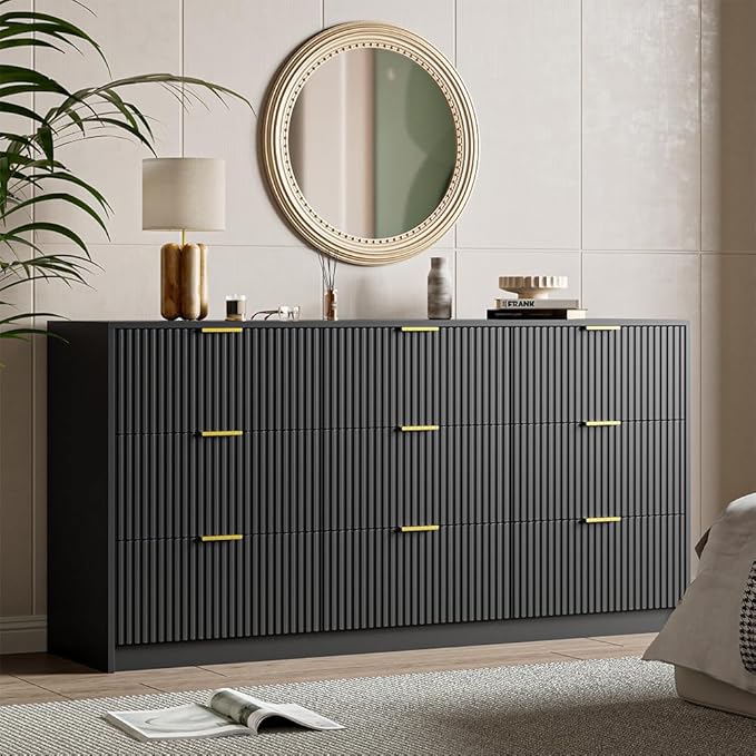 Black Dresser for Bedroom, 9 Drawer Double Dresser, Modern Chest of Drawers for Bedroom, Living Room, Entryway and Closet, 63" L x 15.7" D x 31.5" H