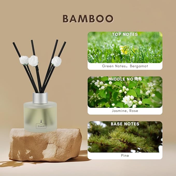 Brakula Reed Diffuser Set, Bamboo Scented， Reed diffusers for Home， Home Fragrance Diffuser with 7 Reed Sticks for Room/Bathroom Decor 3.38 fl oz (Bamboo)