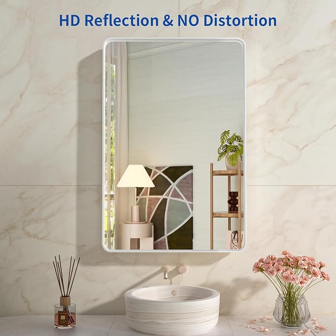 WEER White Bathroom Mirror 24X36 Inch, Rounded Rectangle White Metal Frame Mirror, Matte White Bathroom Vanity Mirror with Tempered Glass, Anti-Rust, Hangs Horizontally or Vertically