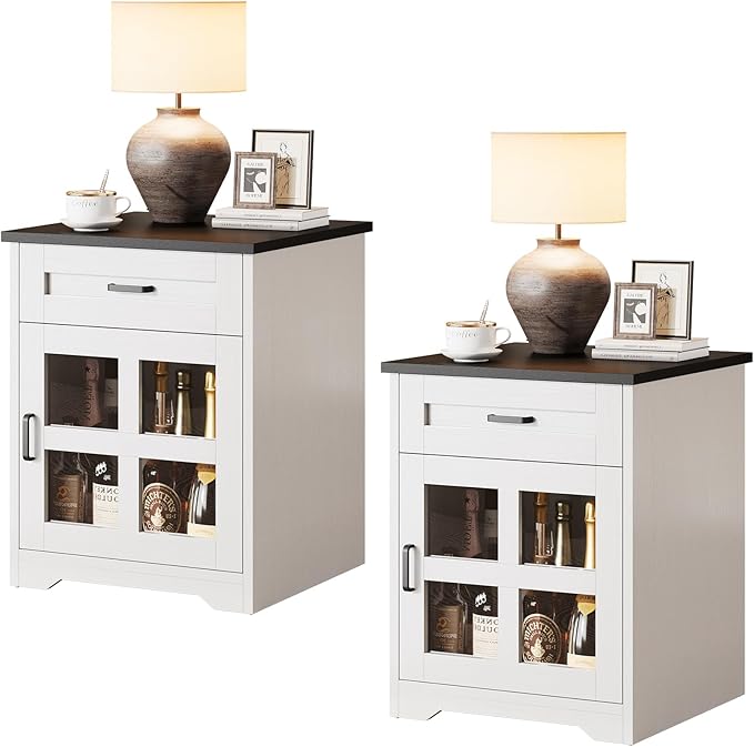 Farmhouse End Table Set of 2 with Drawer, 18" Large Side Table with Storage Cabinet and Acrylic Door, Wood Nightstand Bedside Table for Living Room, Bedroom, White