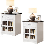 Farmhouse End Table Set of 2 with Drawer, 18" Large Side Table with Storage Cabinet and Acrylic Door, Wood Nightstand Bedside Table for Living Room, Bedroom, White