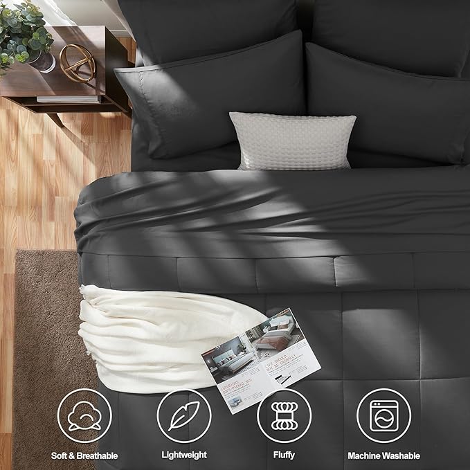 CozyLux Queen Comforter Set Dark Grey, 7 Pieces Bed in a Bag, Dark Gray Comforter Queen Size, All Season Bedding Sets with Stitch Quilted Comforter, Flat Sheet, Fitted Sheet, Pillowcases