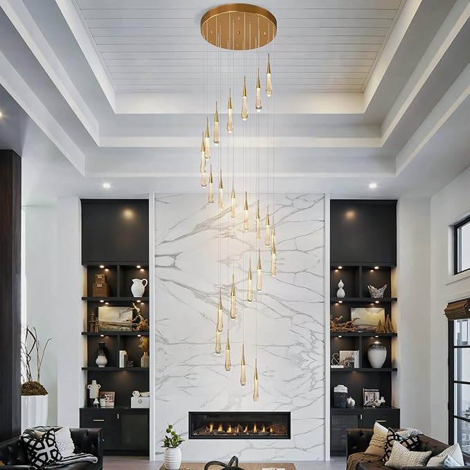 LMQNINE 24 Light Modern Crystal Chandelier Dimmable LED High Ceiling Chandelier Crystal Bubble Gold Pendant Lights Living Room Lobby 120W Staircase Chandeliers
