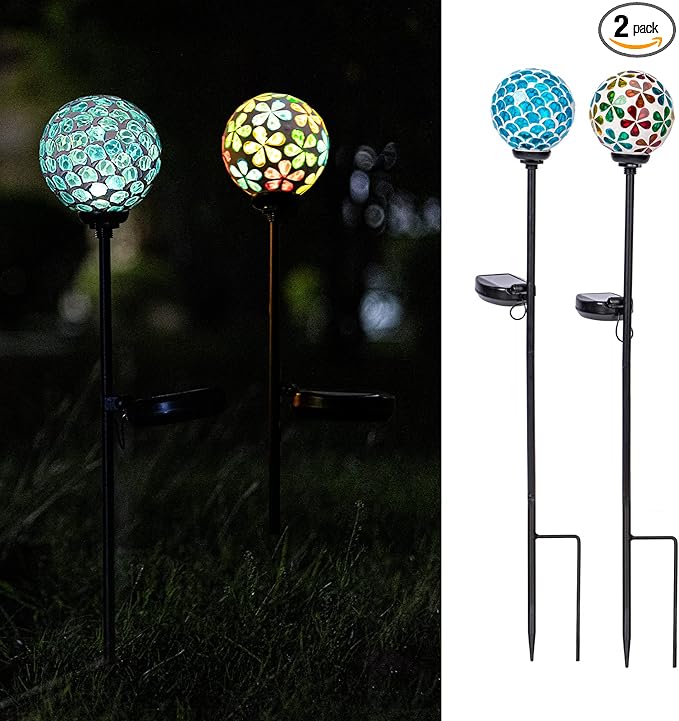 VCUTEKA Solar Garden Lights, Mosaic Solar Light Outdoor Waterproof LED Pathway Stake Light for Landscape Patio Yard Deck Walkway Decoration, 2 Pack