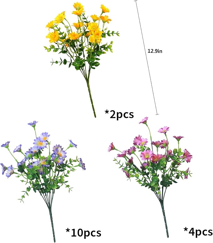 alyptus Artificial Daisy Flowers Outdoor Decoration 16 Bundles UV Resistant Blue Fake Silk Plants for Stunning Front Porch Pot Decor Outside (16 Bundle NO.P)