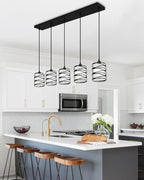 Black Pendant Lights Kitchen Island, Farmhouse Chandeliers for Dining Room 5-Light Pendant Light Hanging Linear Chandeliers, Kitchen Island Lighting with Frosted Glass Shades