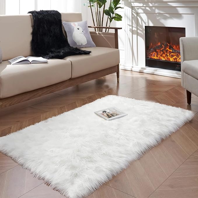 Goolela White 3x5 Faux Sheepskin Soft Plush Bedroom Living Room Throw Rectangular Washable Fluffy Fur Rug