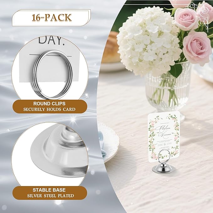 Urban Deco 16 PK Table Card Holder Place Card Holders Steel Card Holders for Photos, Food Signs, Memo Notes, Weddings, Restaurants, Birthday (Silver)