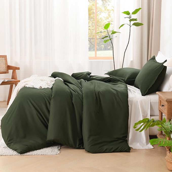 Litanika Dark Olive Green Comforter Set Full, 3 Pieces Solid Bedding Comforter Set, All Season Fluffy Bed Set (79x90In Comforter & 2 Pillowcases)