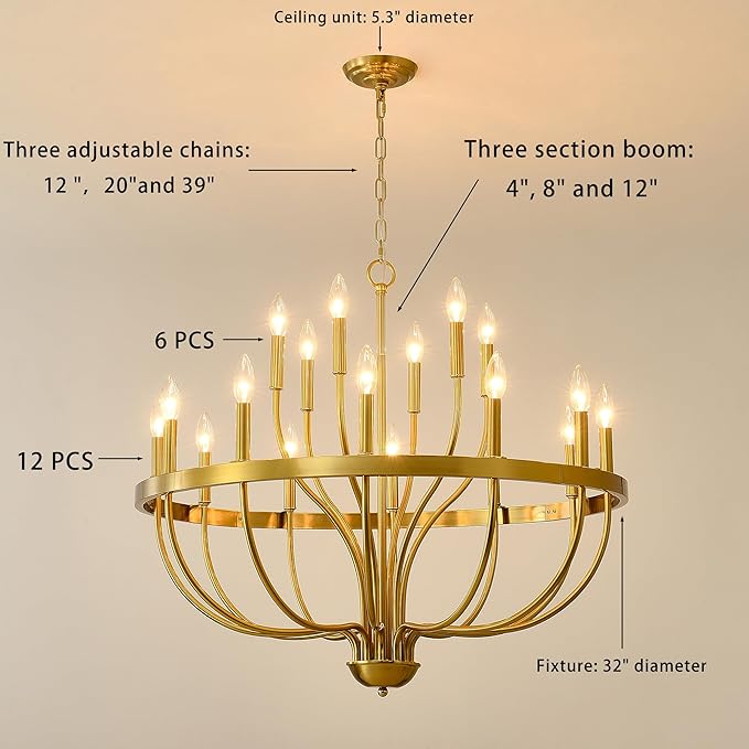 Gold Chandelier 18-Light Candle Chandelier Modern Farmhouse Pendant Lighting Fixture for Dining Room Bedroom Living Room Kitchen Island Foyer Entryway E12 Bulb Vintage Golden Ceiling Light