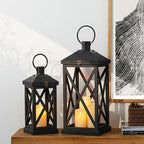 Glitzhome Modern Farmhouse Wooden Lantern Hanging Decorative Candle Lantern for Outdoor & Indoor Black Set of 2 (No Glass)