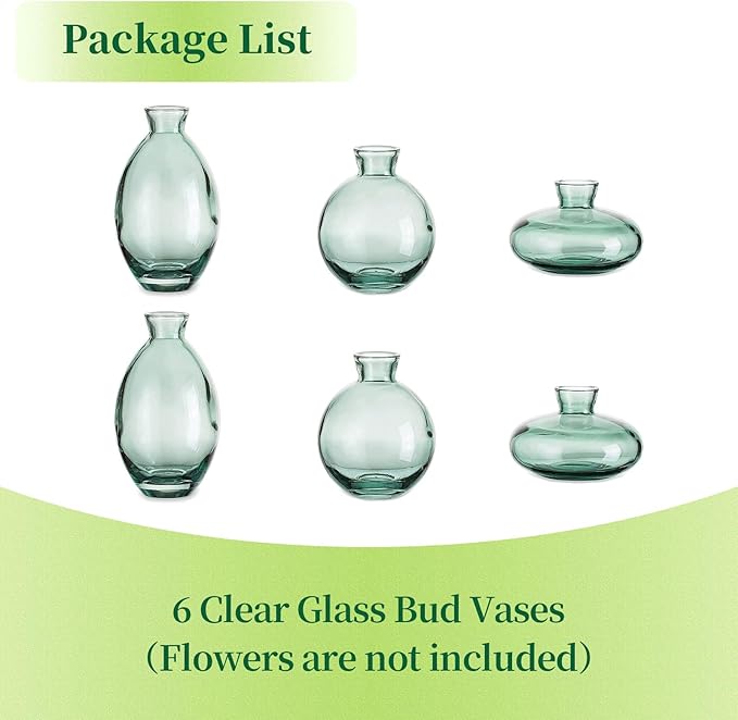 Glass Bud Vases Set of 6, Hewory Cute Green Small Vases Handmade, Mini Glass Flower Vase for Floral Arrangements, Tiny Centerpiece for Home Office Wedding Party Events Table Decor (Not Include Flower)