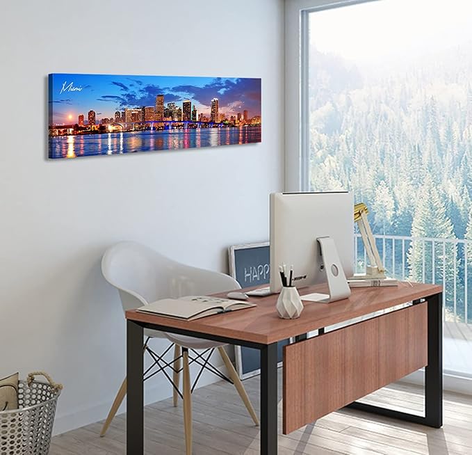 Office Wall Decor Miami Skyline Wall Art Panoramic Cityscape Picture Modern USA City Night View Canvas Prints for Bedroom Living Room Home Decoration Stretched and Framed Ready to Hang 13.8"x45.3"