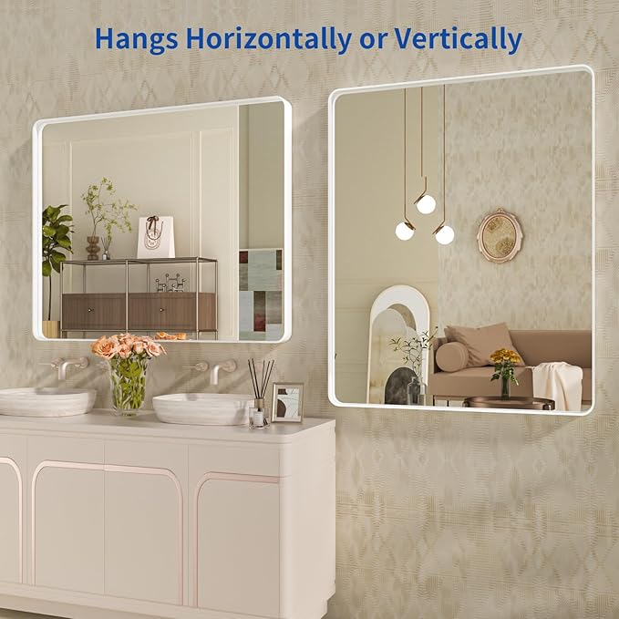 WEER White Bathroom Mirror 40X30 Inch, Rounded Rectangle White Metal Frame Mirror, Matte White Bathroom Vanity Mirror with Tempered Glass, Anti-Rust, Hangs Horizontally or Vertically