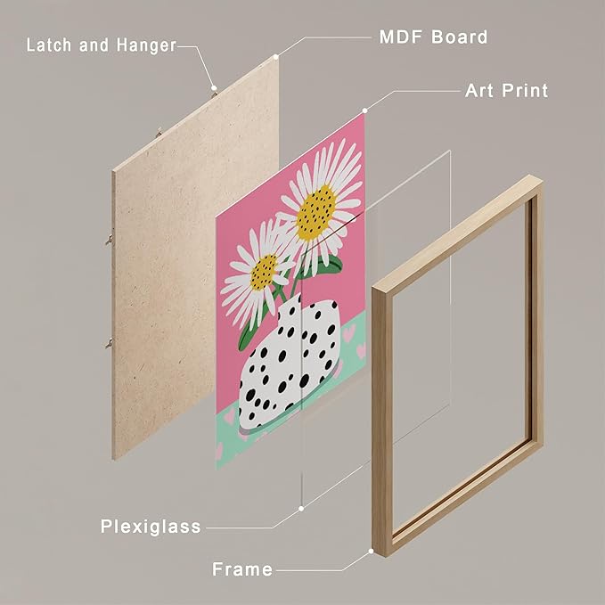 SIGNWIN Framed I'm a Barbie Girl in The Barbie World Wall Art, Set of 4 Heart, Chrysanthemum Illustration Wall Decor Prints, Preppy Room Decor Wall Décor for Living Room, Bedroom - 8"x10" Natural