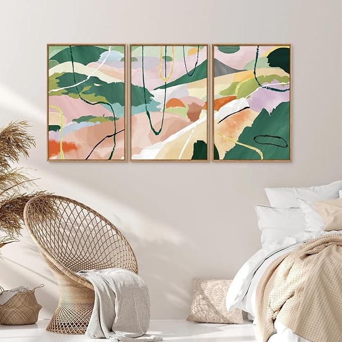 Tinonedraw Colorful Abstract Framed Canvas Wall Art Set, 3 Panel Green Pink Girly Oils Inks Artwork, Three Pieces Neutral Modern Minimalist Wall Decor for Living Room Bedroom Office 24"x36"x3