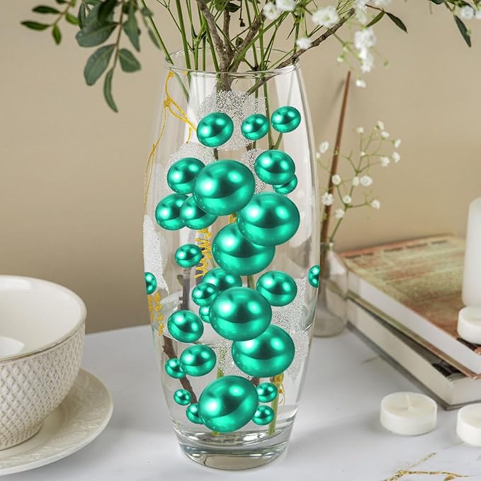 100PCS Green Faux Pearls Beads for Centerpiece Vases, Vase Filler Faux Pearls, No Holes Filler Beads for Party Anniversary Birthday Wedding Table Decor, 14/20/30mm