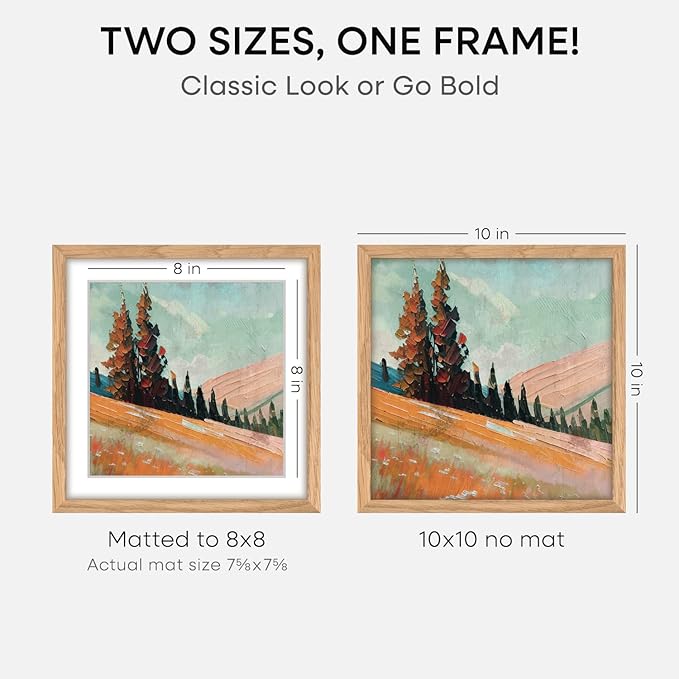 Homeforia 10x10 Picture Frame Wood, High-End Natural Oak 10 x 10 Thin Square Poster Frames with Mat 8 by 8 inch Photo, 10by10 Light Wooden Frame Matted to 8x8 Print, Tempered Glass, Wall Kit, Set of 1