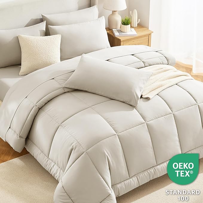 CozyLux Full Size Comforter Sets Oatmeal, 7 Pieces Bed in a Bag, Oatmeal Comforter Full Size, All Season Bedding Sets with Stitch Quilted Comforter, Flat Sheet, Fitted Sheet, Pillowcases