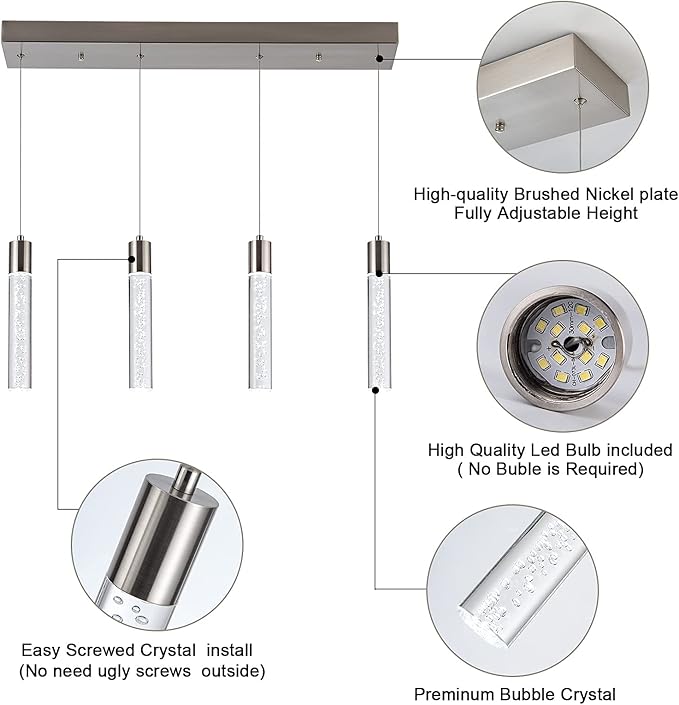 4-Light Pendant Light Fixtures for Kitchen Island, Updated Preminum LED Pendant Lighting with Crystal Bubble, 32W Modern Hanging Ceiling Light, 6000K Light for Dining Room,for Kitchen…