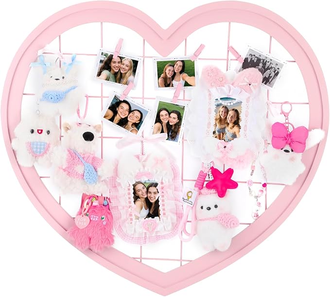 Pink Preppy Coquette Room Decor, Heart Shape Wire Wall Grid Panel for Photo Display Board and Wall Storage Organizer, Wall Decor for Teen Girls and Women Home Bedroom Living Room and Dorm