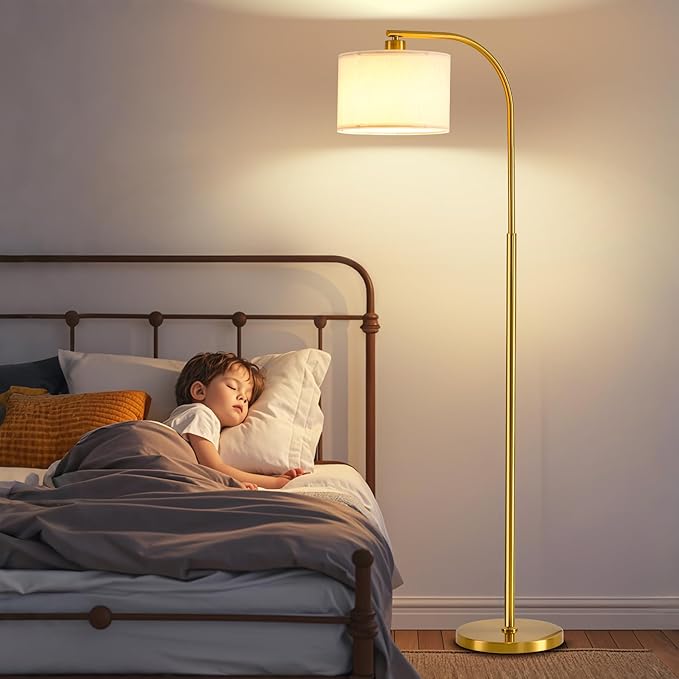 Tall Floor Lamp for Living Room,65'' Modern Standing Lamps with 9W LED Bulb,Dimmable Floor Light with Fabric Shade,Gold Tall Lamp for Bedroom Office Study Room Corner Dining Room