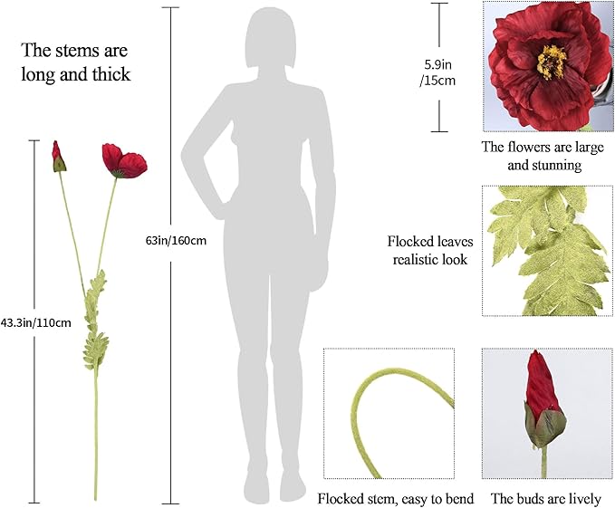 IPOPU 43.3" Red Poppy Flowers Artificial Flowers 6pcs Fake Silk Poppies Long Stem Artificial Flowers for Tall Vase for Wedding Party Home Decor(Red)