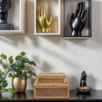 Rattan Box for Home Decor with Lid - Rectangular Coastal Bohemian Style Stackable Decorative Storage Box Set - Handmade from Natural Rattan, Cedar & Real Glass