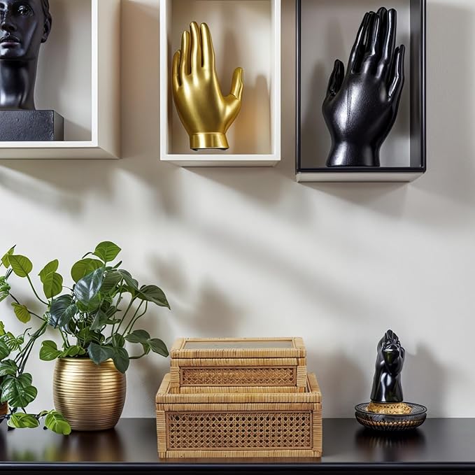 Rattan Box for Home Decor with Lid - Rectangular Coastal Bohemian Style Stackable Decorative Storage Box Set - Handmade from Natural Rattan, Cedar & Real Glass