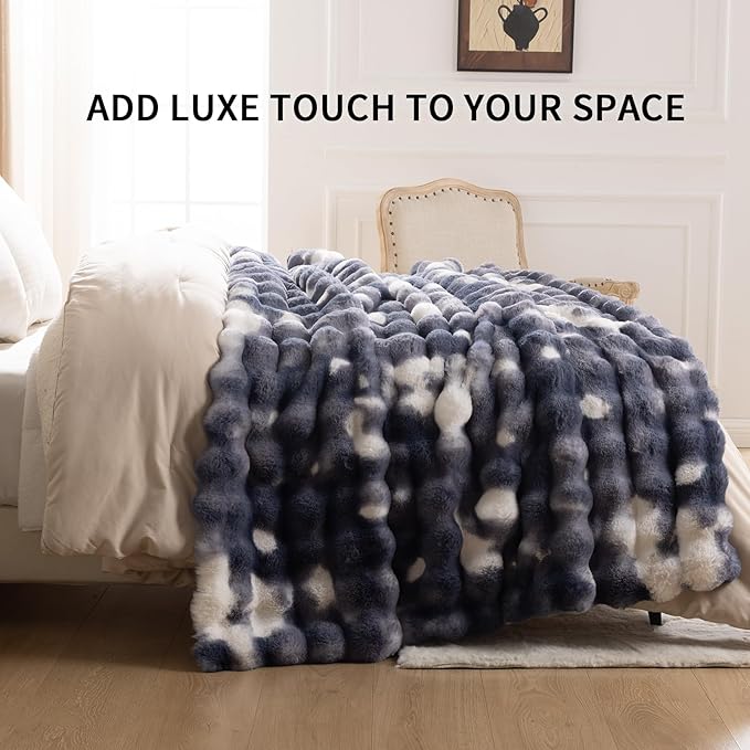 Cozy Faux Fur Throw Blanket for Bed Warm Fuzzy Throw Blanket, Soft Plush Thick Bubble Blankets for Bedroom and Living Room, Furry Luxury Blanket, 90 x 90,Tie-Dye Blue