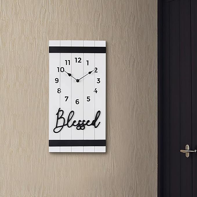 Young's Inc Horizontal Home Letter Blocks with Vertical Wall Clock, Wood Wall Art for Living Room Decor, Farmhouse, Wall Decor, Battery Operated Clock, Set of 4