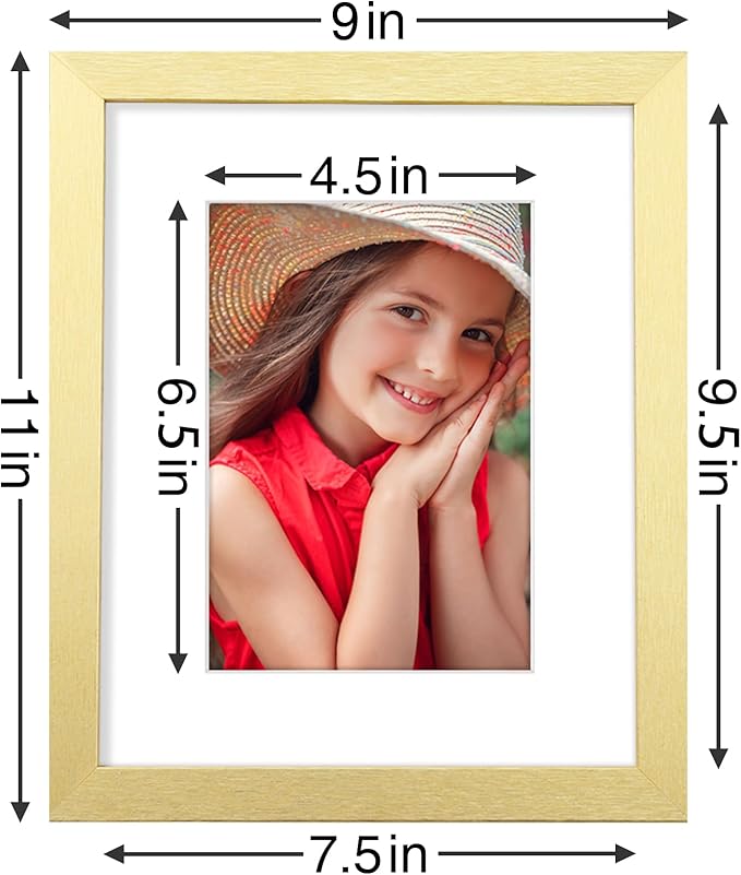 Vittanly 8x10 Picture Frames Set of 9, Shatter Resistant Plexiglass, Display 5x7 Pictures with Mat or 8x10 without Mat, Photo Frames for Wall or Tabletop, Engineered Wood, Gold