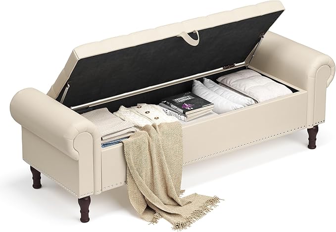 Storage Ottoman Bench for Bedroom, 60" Upholstered Bedroom Bench with Rolled Arms and Vintage Rivets, Large Storage Chest for Living Room, Bedroom, Entryway, Beige