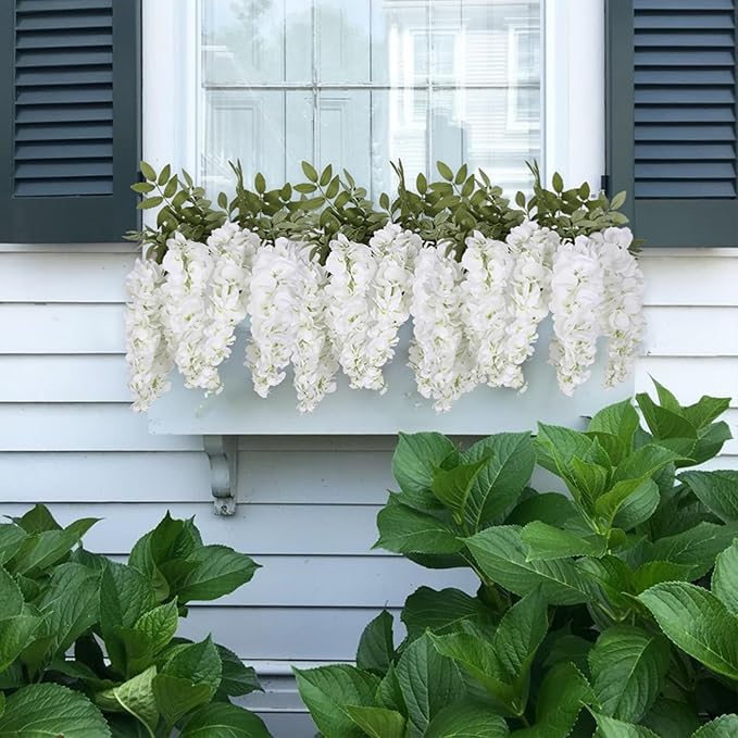 4PCS White Artificial Wisteria Hanging Flowers 40'' Tall Lush Fake Wisteria Flowers for Floor Vases Silk Flowers for Wedding Arch Ceremony Window Box Home Garden Backdrop Decoration (White)
