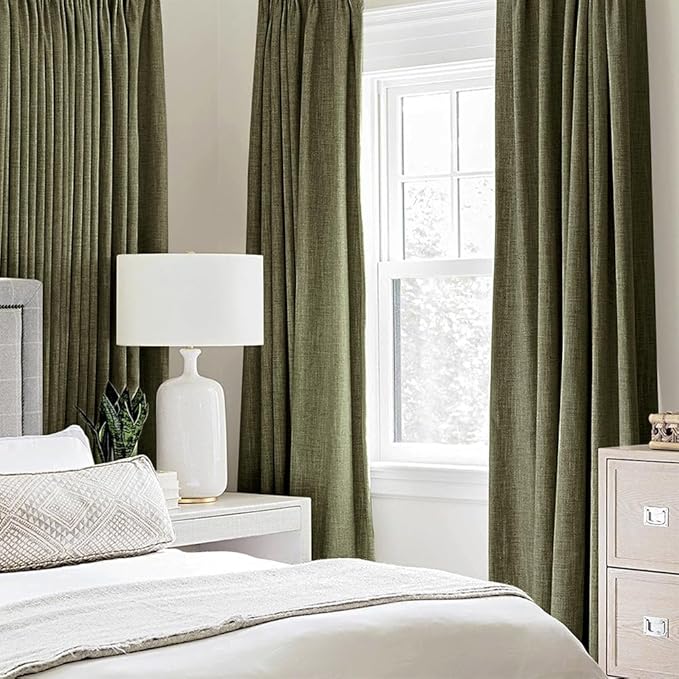 MIULEE Linen Texture Curtains for Bedroom Solid 100% Blackout Thermal Insulated Light Olive Green Curtains Grommet Room Darkening Drapes for Living Room Nursery 52x96 Inch (2 Panels)