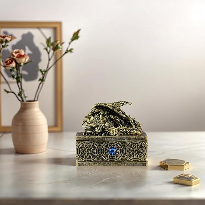 Dragon Statue Jewelry Box - Medieval Fantasy Myth with Cover Treasure Box, Dragon Statue Decoration Collection Gift Box (Antique Bronze)