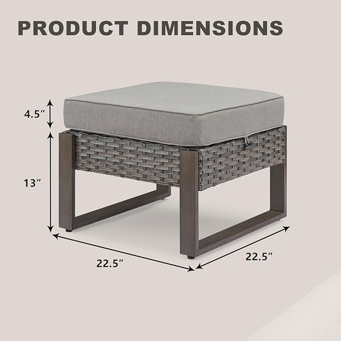 Outdoor Ottoman Wicker Patio Footrest - 2 Piece Wicker Footrest Footstools Set with Sturdy Frame,All-Weather PE Wicker, Thick Cushions for Deck Porch Garden(Mixed Grey/Grey)