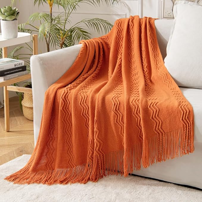 MIULEE Burnt Orange Knitted Throw Blanket for Couch Boho Textured Cozy Woven Blanket with Tassels for Sofa Chair Bed Living Room Fall Home Decor Farmhouse Acrylic Wave Pattern 50"x60"