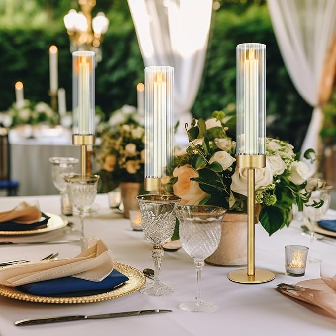 Glass Hurricane Candlestick Holders Gold, KSWING Set of 6 Taper Candle Holders Brass Tall Clear Candle Stand Holders, Perfect for Table Centerpiece Party Wedding Christmas Home Decor