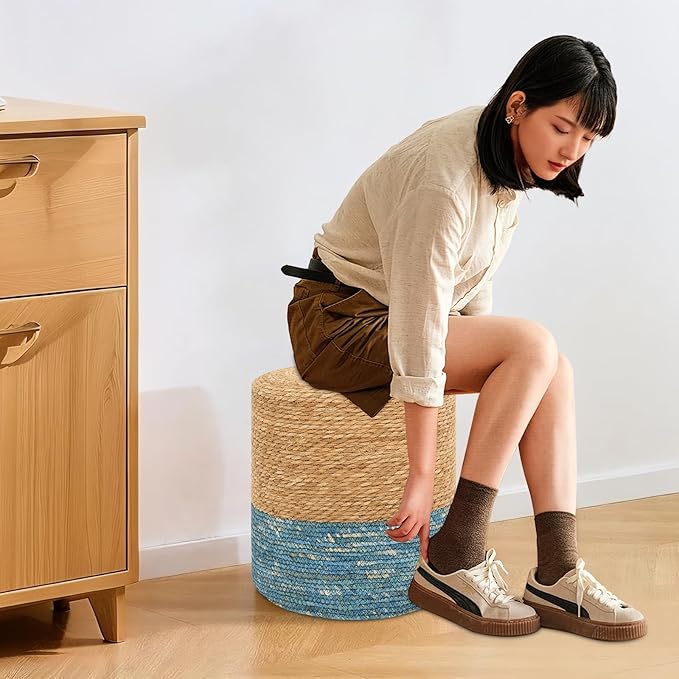 Pouf Ottomans, Handwoven Natural Straw Footstool, Round Braided Outdoor Patio Stool with Wood Frame, Boho Decor Accent Seat Balcony, or Garden (Blue)