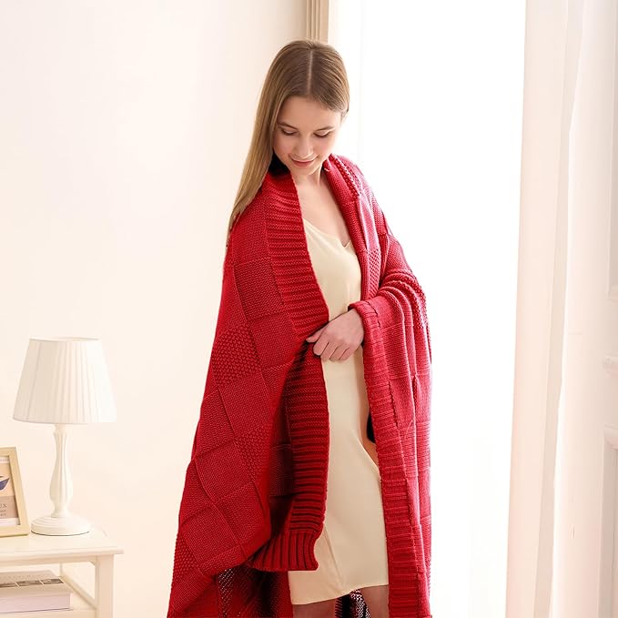 CozeCube Knit Throw Blanket,Christmas Red Checkered Bedroom Blanket for Couch,Soft Cozy Warm Knitted Blanket for Bed Sofa Living Room,Decorative Spring Fall Throw Blanket 50"X60",Christmas Red
