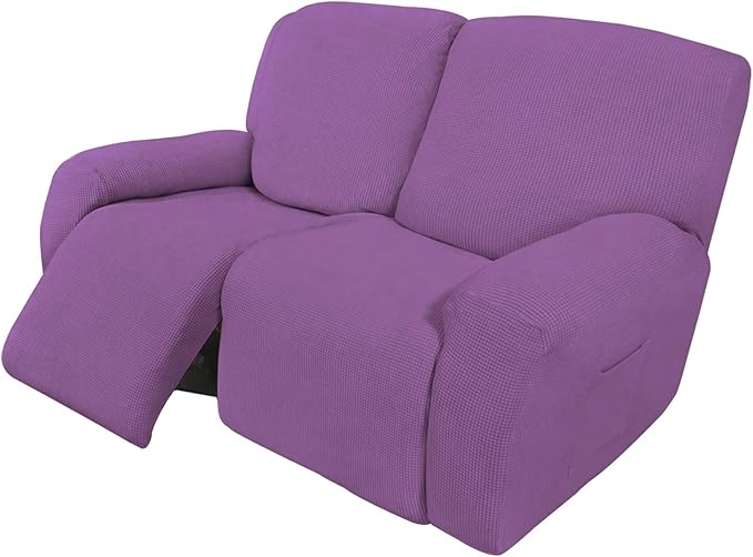 Easy-Going 6 Pieces Recliner Loveseat Stretch Sofa Slipcover Sofa Cover Furniture Protector Couch Soft with Elastic Bottom Kids, Spandex Jacquard Fabric Small Checks Purple