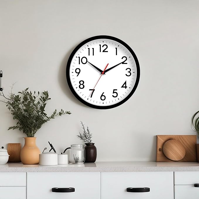 Wall Clock Analog 10 Inch Silent Non Ticking Battery Operated Modern Decorative for Living Room Kitchen Office Bedroom Bathroom(Black)