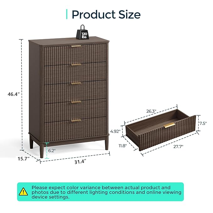 LINSY HOME Fluted Dresser for Bedroom with 5 Drawers, 46" Tall Mid Century Modern Dressers, Wide Boho Chest of Drawer, Large Wood Accent Storage Cabinet for Living Room, Curved Profile Design, Walnut