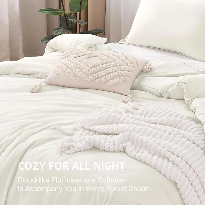 Litanika Ivory Comforter Set California King Size, 3 Pieces Cal King Lightweight Solid Bedding Comforter Set, All Season Fluffy Bed Set (104x96In Comforter & 2 Pillowcases)
