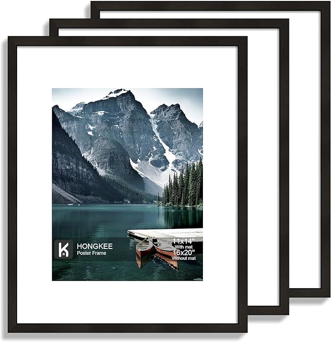 16x20 Frames Set of 3 - Display 11x14 Photo with Mat or 16 x 20 Poster without Mat, Wall Mounting Horizontal and Vertical, Black